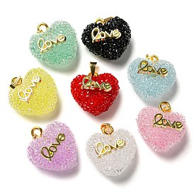 Druzy Resin Pendants, Word Love Heart Charms with Rack Plating Golden Tone Brass Snap on Bails, Long-Lasting Plated, Cadmium Free & Lead Free