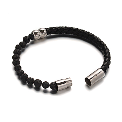  Bracelets de cordon en cuir, avec perles de pierre de lave et 304 fermoirs magnétiques en acier inoxydable, 51x63mm