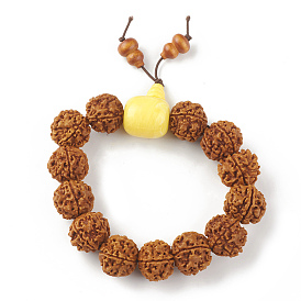 Mala Beads Bracelet, Round Natural Rudraksha Beaded Stretch Bracelet for Women, with Plastic Beads