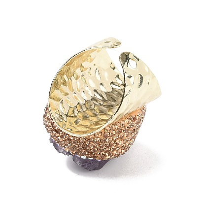 Anillo de puño abierto druzy de amatista natural con pedrería, anillo ancho de latón chapado en oro claro para hombre y mujer, sin plomo y cadmio