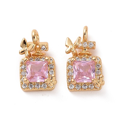 Brass Micro Pave Clear Cubic Zirconia Charms, with Pearl Pink Glass, Perfume Bottle with Butterfly
