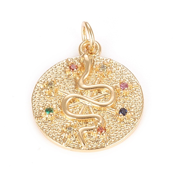 Brass Micro Pave Cubic Zirconia Pendants, Flat Round with Snake, Colorful