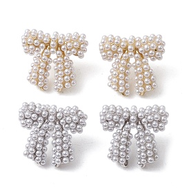 Bowknot Brass Stud Earrings, with Plastic Pearl, Long-Lasting Plated, Lead Free & Cadmium Free