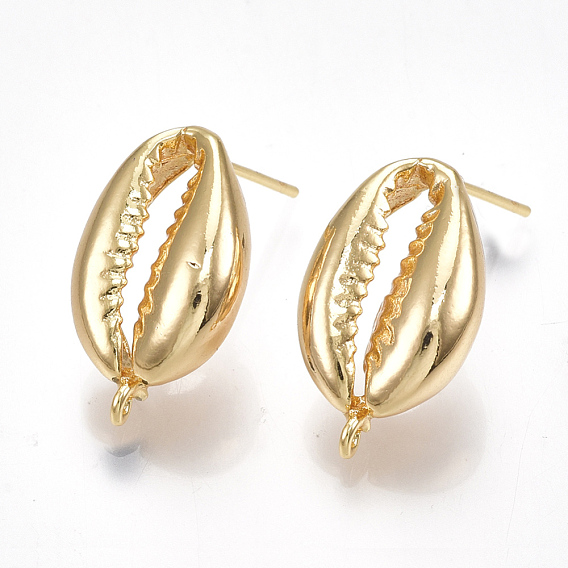 Brass Stud Earring Findings, with Loop, Cowrie Shells Shape, Nickel Free