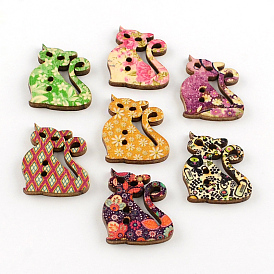 Cat 2-Hole Printed Wooden Buttons, 29x25x3mm, Hole: 2mm