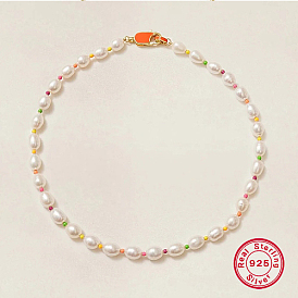Colliers de perles naturelles pour femmes, avec 925 des apprêts en argent sterling et des perles de rocaille en verre
