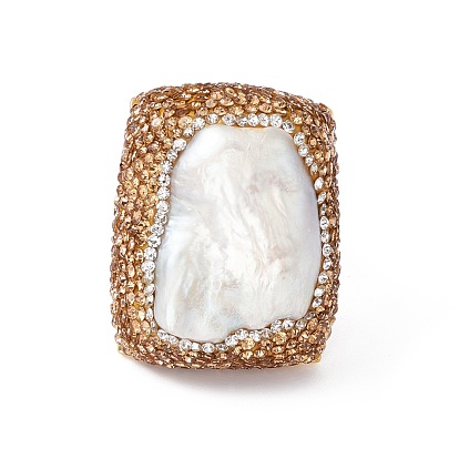 Natural Pearl Rectangle Open Cuff Ring with Rhinestone, Alloy Chunky Ring for Women