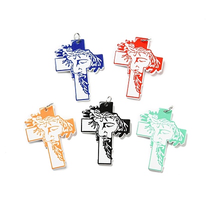 Pendentifs acryliques imprimés en relief, avec anneau de saut en fer, croix avec motif homme