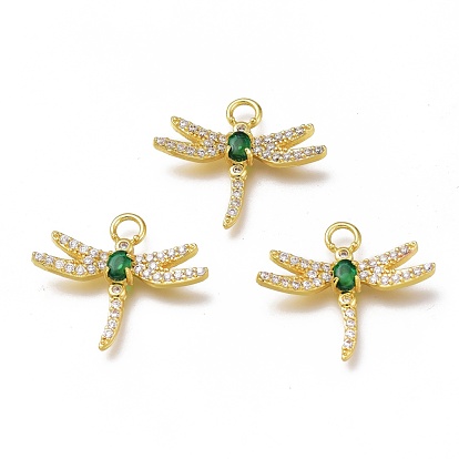 Brass Micro Pave Cubic Zirconia Pendants, Long-Lasting Plated, Dragonfly Shape
