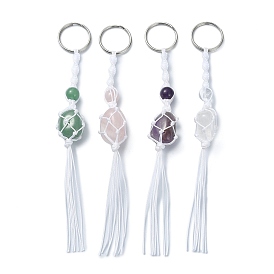 Nylon Threads Wrap Natural Gemstone Macrame Pouch Keychains, with Iron Ring