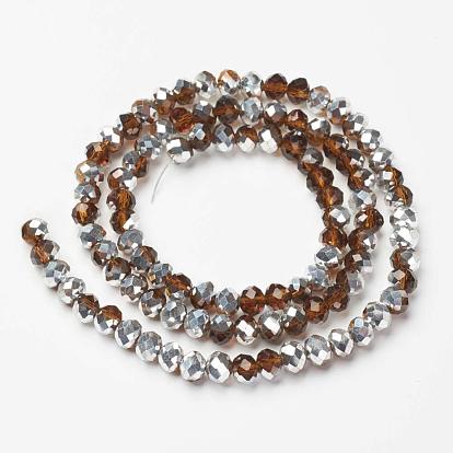 Electroplate Transparent Glass Beads Strands, Half Silver Plated, Faceted, Rondelle