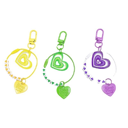 Porte-clés pendentif acrylique cube et coeur, avec cordon en polyester et apprêts en alliage peint par pulvérisation