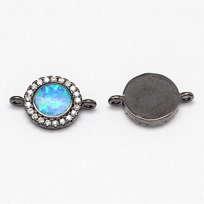 Brass Micro Pave Cubic Zirconia Links, with Synthetic Opal, Flat Round
