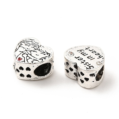 Rack Plating Alloy Enamel European Beads, with Rhinestone, Large Hole Beads, Heart with Grils & Word Sister in My Heart