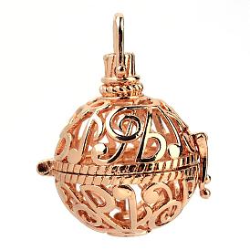 Rack Plating Brass Cage Pendants, For Chime Ball Pendant Necklaces Making, Hollow Round with Musical Note