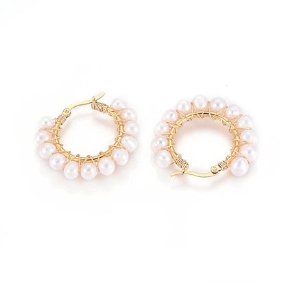 304 Stainless Steel Hoop Earrings, with Natural Pearls, Ring