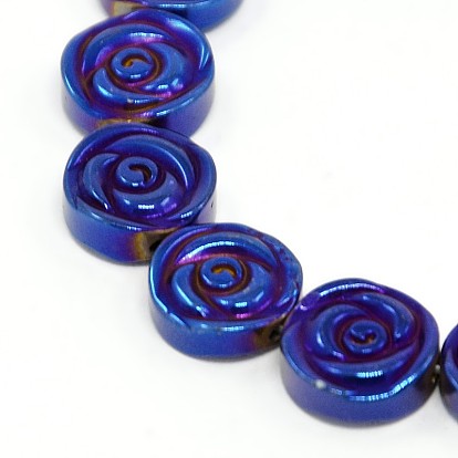 Electroplate Gorgeous Flat Round Carved Rose Non-magnetic Synthetic Hematite Beads Strands, 12x4mm, Hole: 1mm, about 34pcs/strand, 15.7 inch