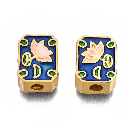Rack Plating Alloy Enamel Beads, Cadmium Free & Lead Free, Matte Gold Color, Rectangle with Flower