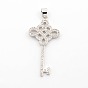 CZ Jewelry Brass Micro Pave Cubic Zirconia Chinese Knot Skeleton Key Pendants, Cadmium Free & Nickel Free & Lead Free, 36x18x2mm, Hole: 4x3mm