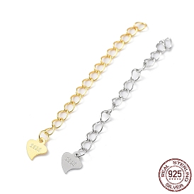 925 Sterling Silver Chain Extenders, Curb Chain with Heart Tag, with S925 Stamp