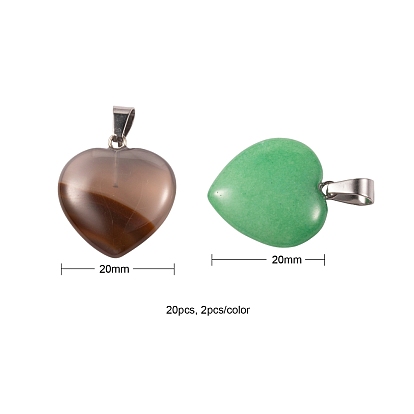 20 pcs 10 pendentifs en pierres précieuses naturelles de style coeur, avec les accessoires en laiton de tonalité de platine