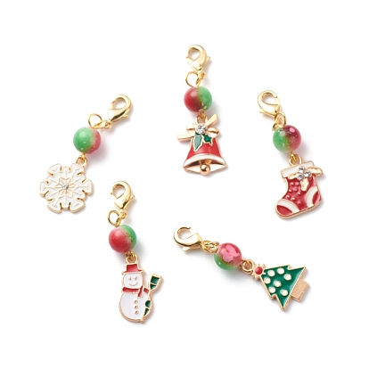 Christmas Theme Alloy Enamel Pendant Decorations, with Brass Lobster Claw Clasps and Spray Painted Resin Round Beads, Bell/Tree/Sock/Snowman/Snowflake