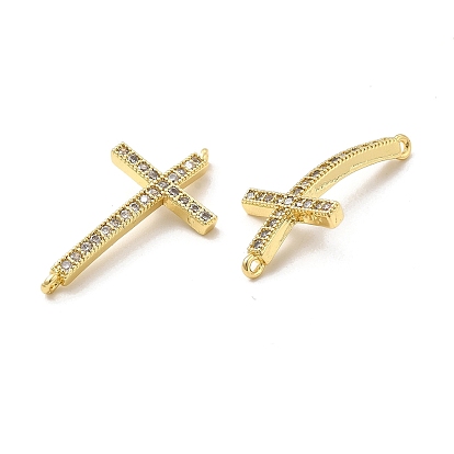 Brass Micro Pave Clear Cubic Zirconia Connector Charms, Religion Cross Links