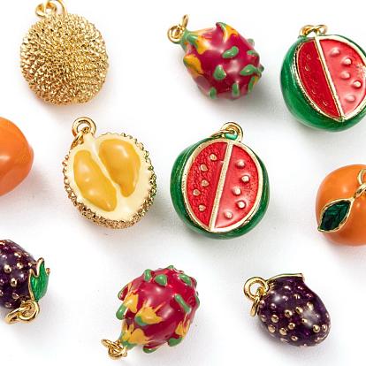10 piezas 5 colgantes de esmalte de latón con tema de frutas estilo, real 18 k chapado en oro, durian y naranja y sandía y pitaya y moras