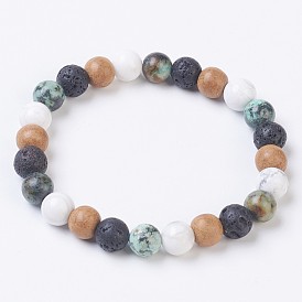 Natural Gemstone Stretch Bracelets, with Natural Howlite & Lava Rock and Sandalwood Beads, Round