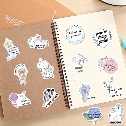 50Pcs Floral PVC Self Adhesive Cartoon Stickers, Waterproof Word Decals for Laptop, Bottle, Luggage Decor