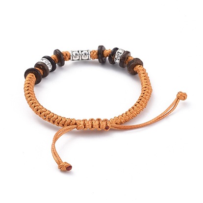 Unisex Adjustable Korean Waxed Polyester Cord Braided Bead Bracelets, with Brass Rhinestone Spacer Beads, Coconut Beads and Alloy Hangers Links