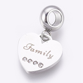 304 Stainless Steel European Dangle Charms, Large Hole Pendants, with Rhinestone, Heart with Word Family