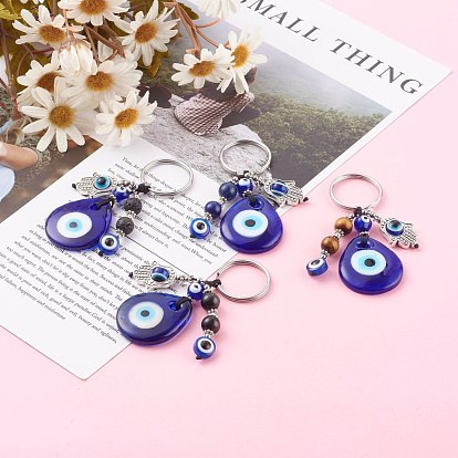 Teardrop Evil Eye Lampwork Keychain, with Natural Gemstone Beads, Resin Beads and 316 Surgical Stainless Steel Split Key Rings, Hamsa Hand, Blue