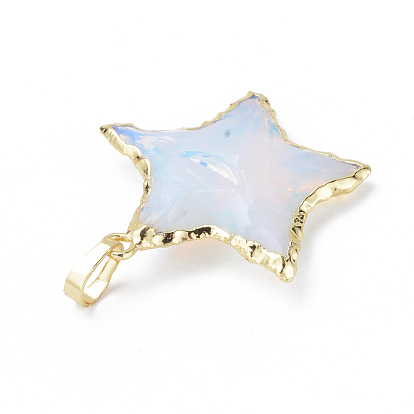 Opalite Pendants, with Brass Snap on Bails, Edge Metal Color Plated, Star