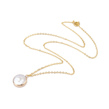 Collares de perlas keshi de perlas barrocas naturales chapadas, con cadena de latón, plano y redondo, dorado