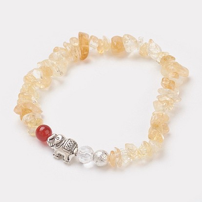 Natural Citrine(Dyed & Heated) Chips Stretch Bracelets, with Carnelian(Dyed & Heated) and Alloy Elephant, Antique Silver