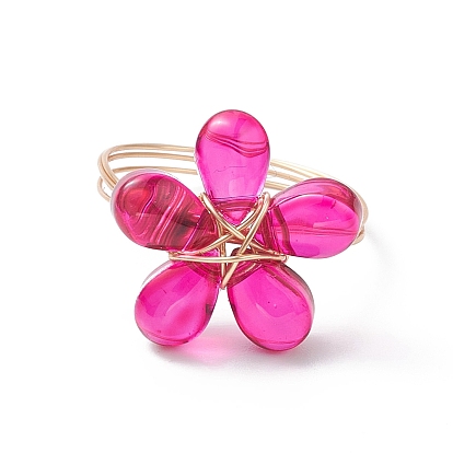 Transparent Glass Flower Finger Ring, Eco-Friendly Copper Wire Wrapped Ring for Women, Long-Lasting Plated