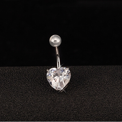 Body Jewelry Heart Cubic Zirconia Brass Navel Ring Navel Ring Belly Rings, with 304 Stainless Steel Bar, 10x32mm