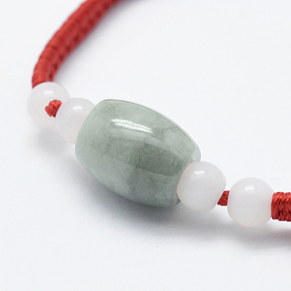 Natural Myanmar Jade/Burmese Jade Braided Bead Bracelets, Red String Bracelets, with Nylon Cord, Barrel