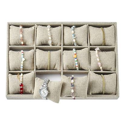 Bijoux bracelet imitation de toile de jute affiche, 12 grilles oreillers sans couvercle couvercle porte-bijoux de rangement, avec du bois, 353x243x41mm
