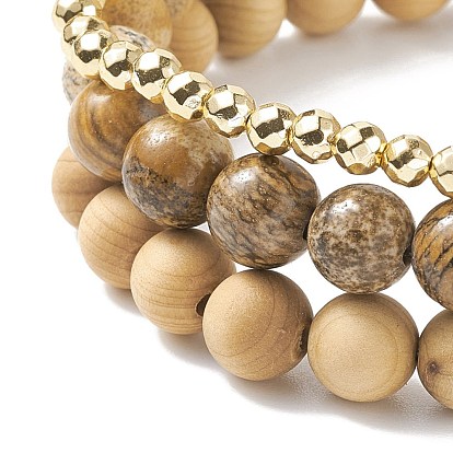 3 шт. 3 стильные браслеты из натуральных и синтетических смешанных камней, дерева и латуни со стеклянной каплей для женщин