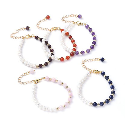 Natural Pearl & Natural Gemstone Beaded Bracelets, with Iron Chain Extender, 304 Stainless Steel Lobster Claw Clasps and Brass Beads