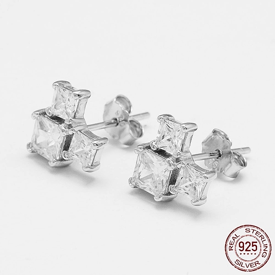 925 Sterling Silver Stud Earrings, with Cubic Zirconia, Three Square