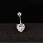 Body Jewelry Heart Cubic Zirconia Brass Navel Ring Navel Ring Belly Rings, with 304 Stainless Steel Bar, 10x32mm