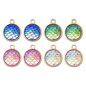 8Pcs 4 Colors Alloy Resin Pendants, AB Color, Flat Round Charms with Scales Pattern, Golden