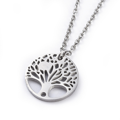Stainless Steel Pendants Necklaces, with Cubic Zirconia, Flat Round with Tree of Life