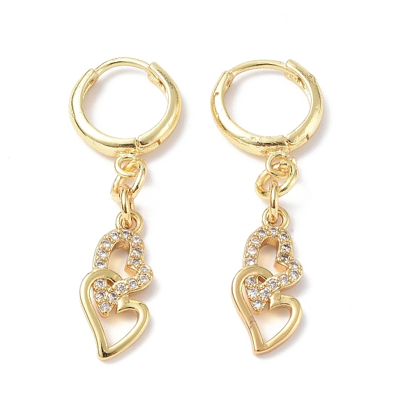 Boucles d'oreilles créoles pendantes double cœur avec oxyde de zirconium transparent, bijoux en laiton de placage en rack pour la saint valentin