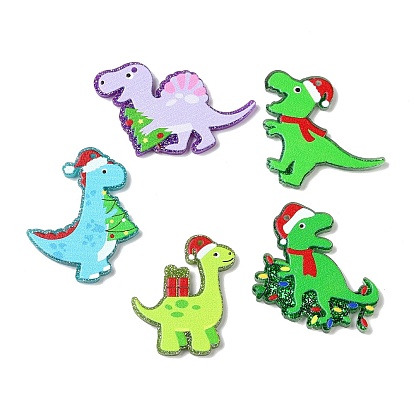 Pendentifs acryliques imprimés, avec des paillettes scintillantes, pour noël, dinosaure avec breloque arbre de Noël/chapeau/boîte cadeau
