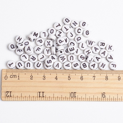 Acrylic Horizontal Hole Letter Beads, Opaque, Flat Round, 7mm