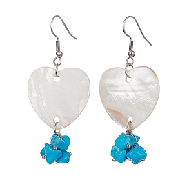 Natural Shell Heart with Synthetic Turquoise Chips Dangle Earrings, 304 Stainless Steel Long Drop Earrings